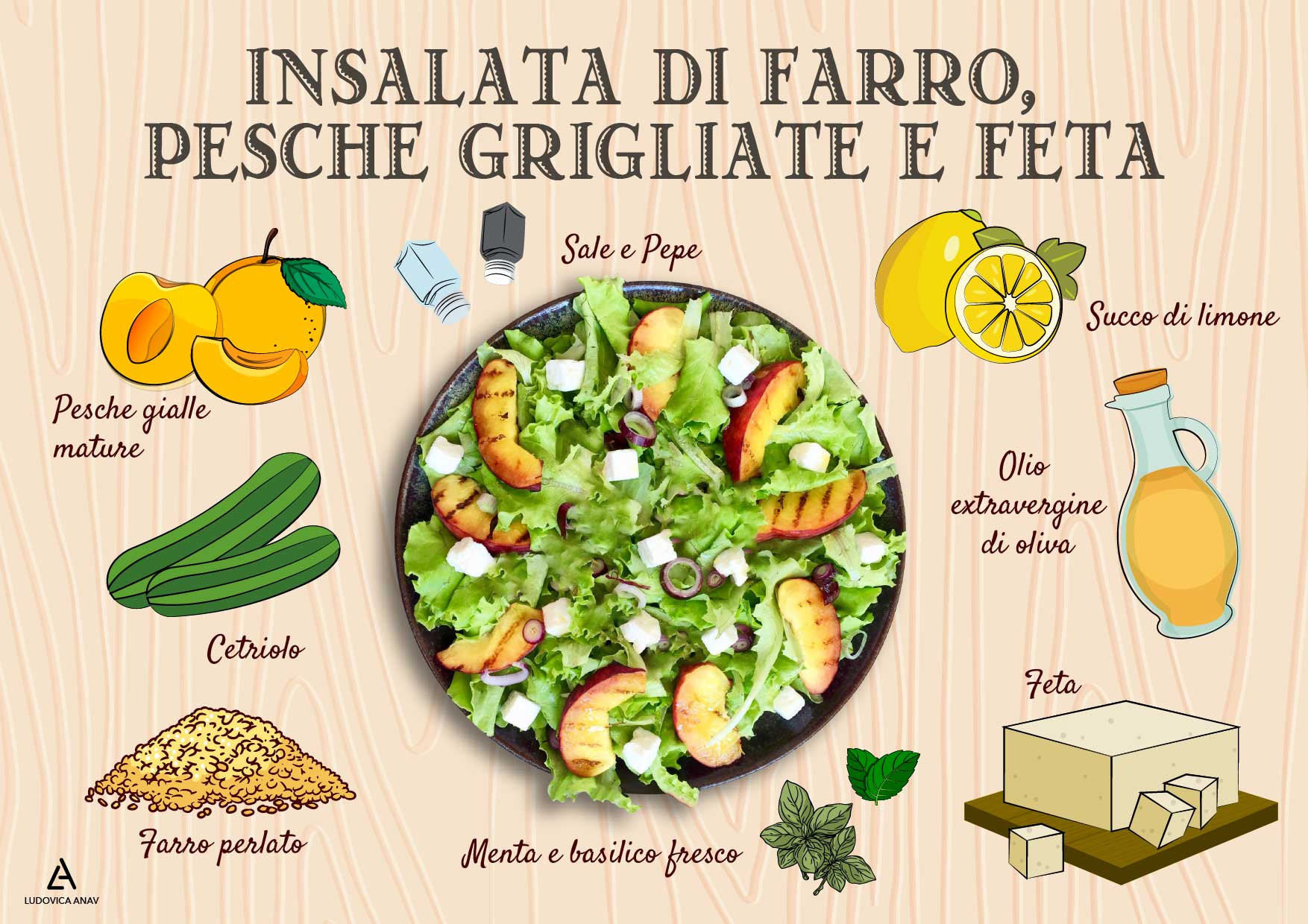 Una ricetta estiva: insalata di farro, pesche grigliate e feta