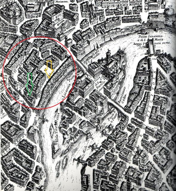 Pianta di G. B. Falda del 1676. Area del ghetto (cerchio rosso), Via della Fiumara (freccia gialla). Le cinque sinagoghe (freccia verde). Fonte: Wikipedia.