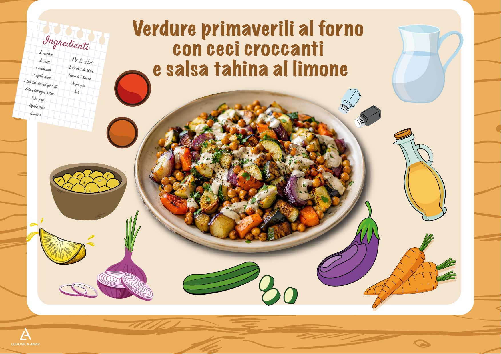 Verdure primaverili al forno con ceci croccanti e salsa tahina al limone