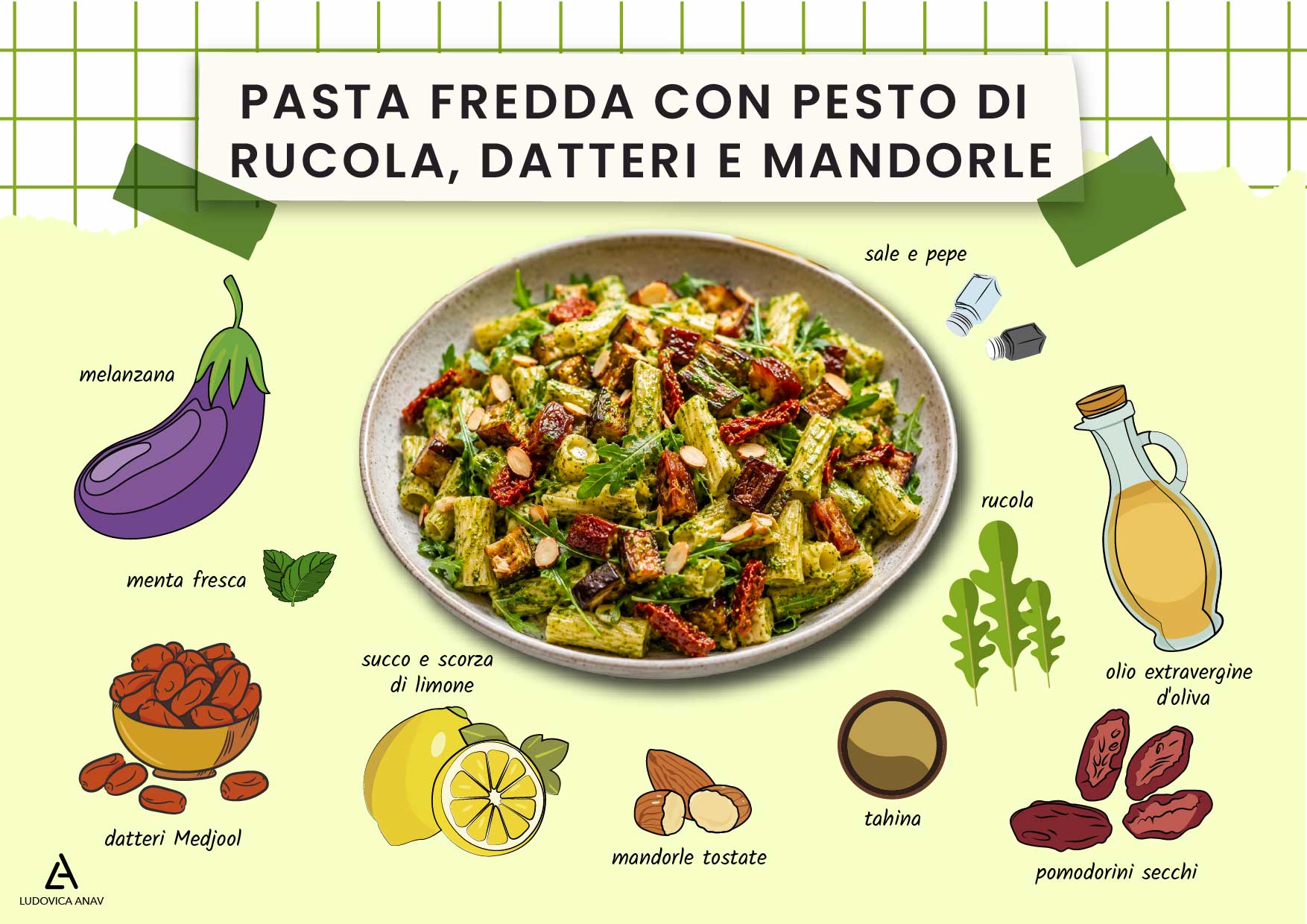 Pasta fredda con pesto di rucola, datteri e mandorle