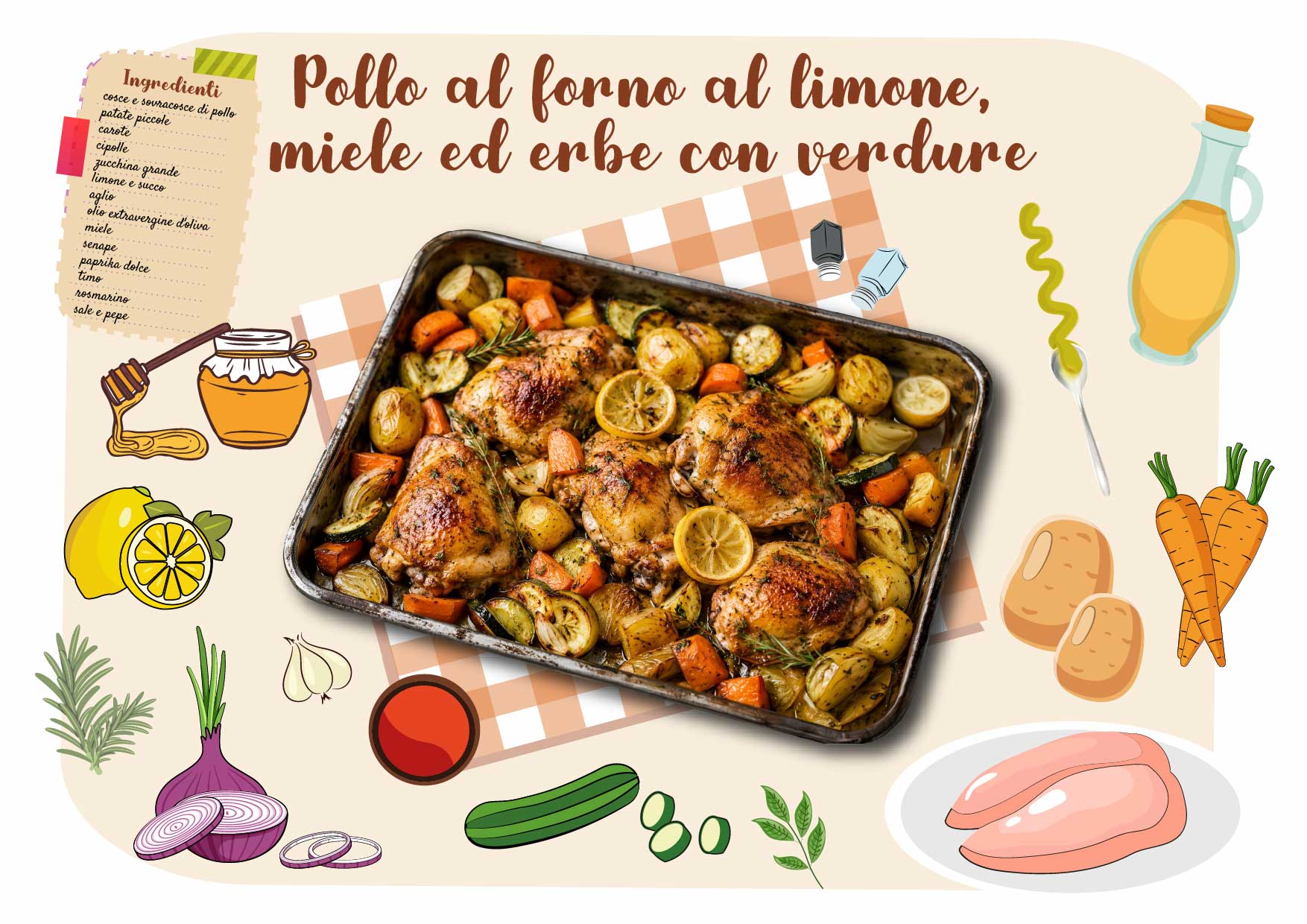 Pollo al forno al limone, miele ed erbe con verdure