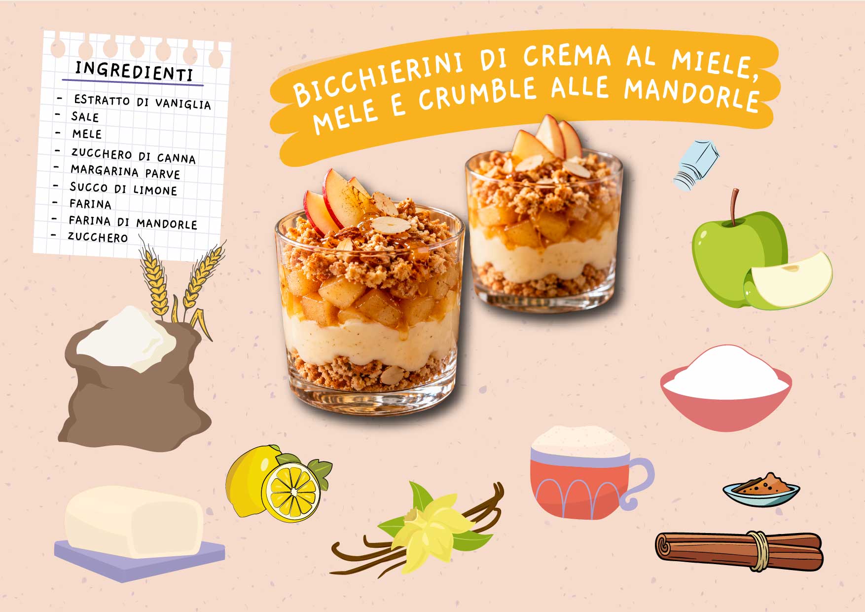 Bicchierini di crema al miele, mele e crumble alle mandorle