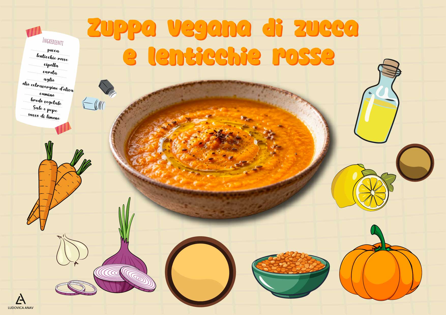 Zuppa vegana di zucca e lenticchie rosse